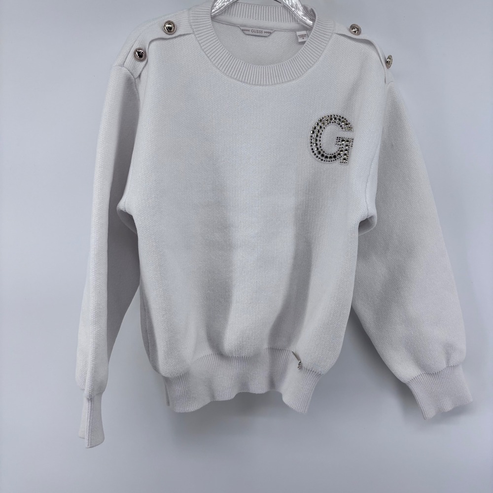 Guess Embellished Logo Knit Sweater‎ w/ Button Detail - Ivory Cream Girls size 8
